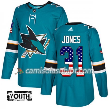 Camisola San Jose Sharks Martin Jones 31 Adidas 2017-2018 Teal USA Flag Fashion Authentic - Criança